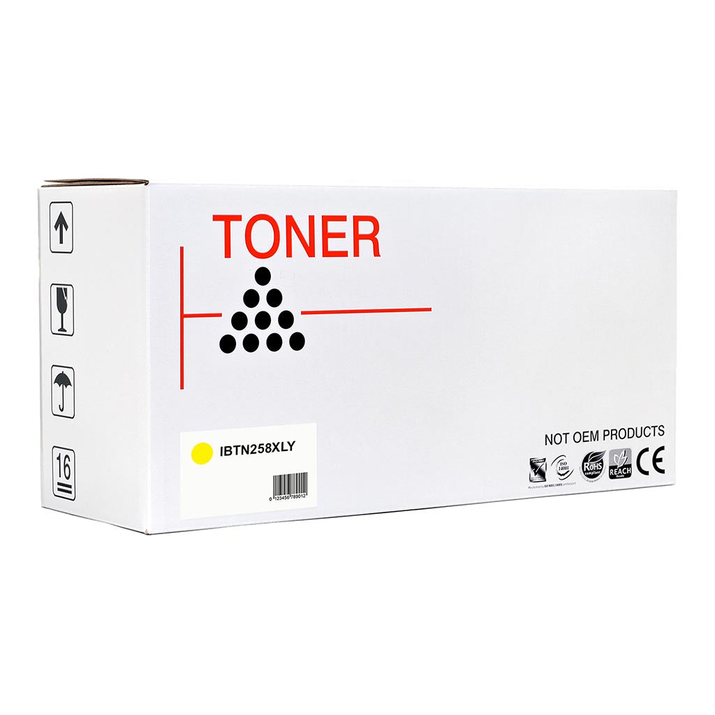 Icon Compatible Brother TN258XL Yellow Toner Cartridge for vibrant prints, yielding up to 2,300 pages, compatible with various Brother lasers.