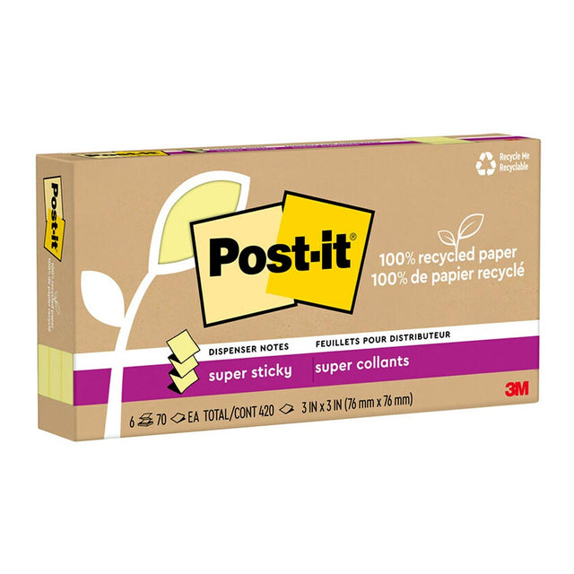 Post-it Super Sticky Pop Up Notes in vibrant yellow, 76x76mm, eco-friendly, pack of 6 for easy one-handed use.