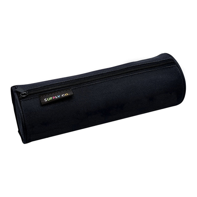 Black tube pencil case, 21x8cm, made from 98% recycled materials, perfect for organizing stationery and small items.