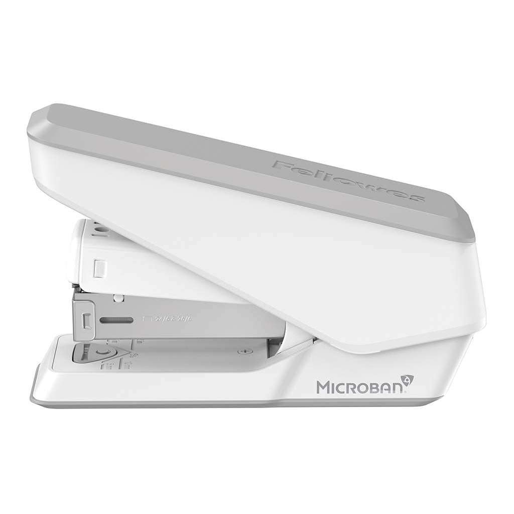 White Fellowes LX840 stapler staples up to 25 sheets, features soft-grip handle and antibacterial protection.