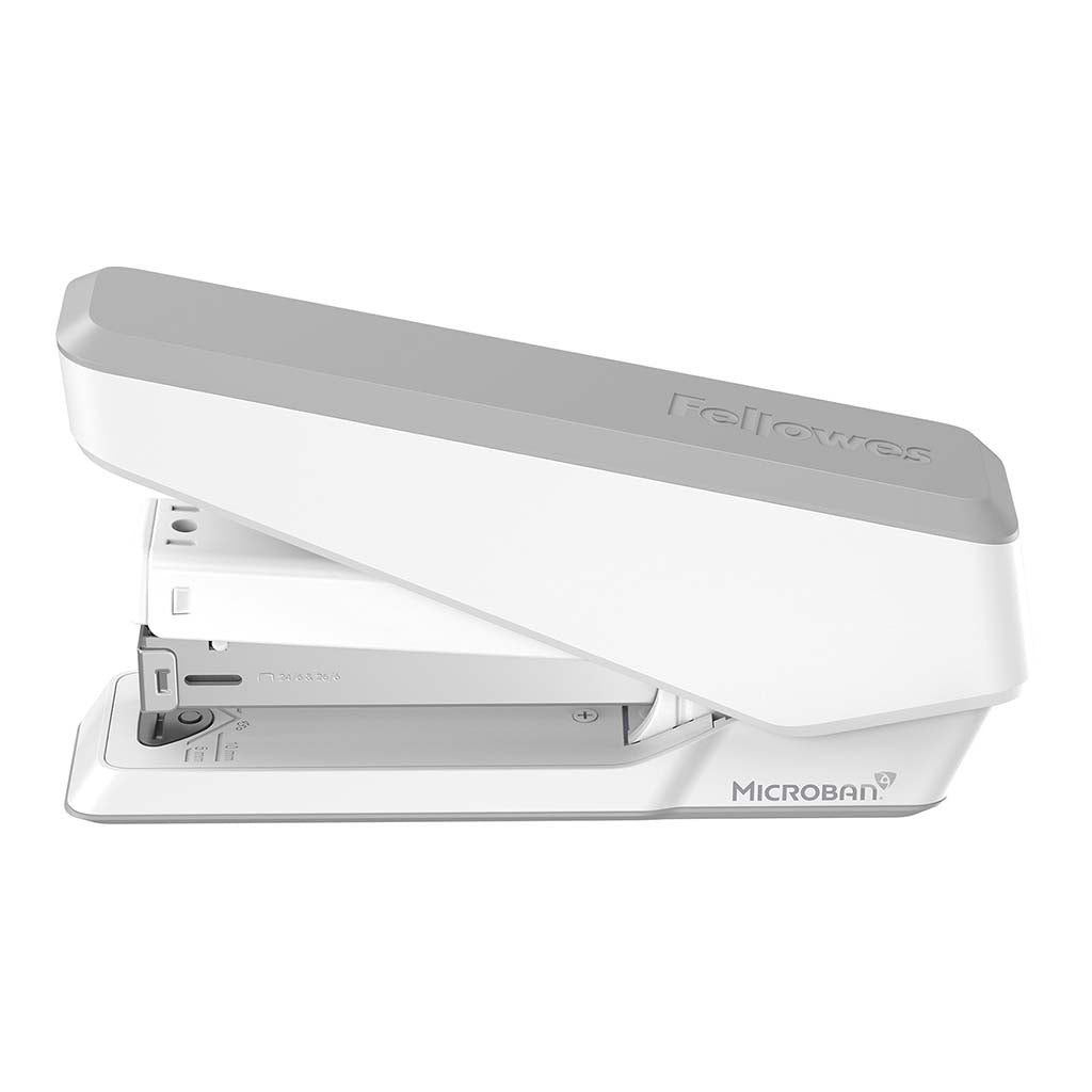 White Fellowes LX850 EasyPress stapler, staples up to 25 sheets, features soft-grip handle and antibacterial protection.