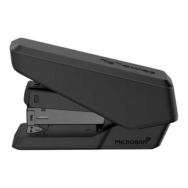 Fellowes LX840 EasyPress Half Strip Stapler in black, staples up to 25 sheets, features Microban protection and soft-grip handle.