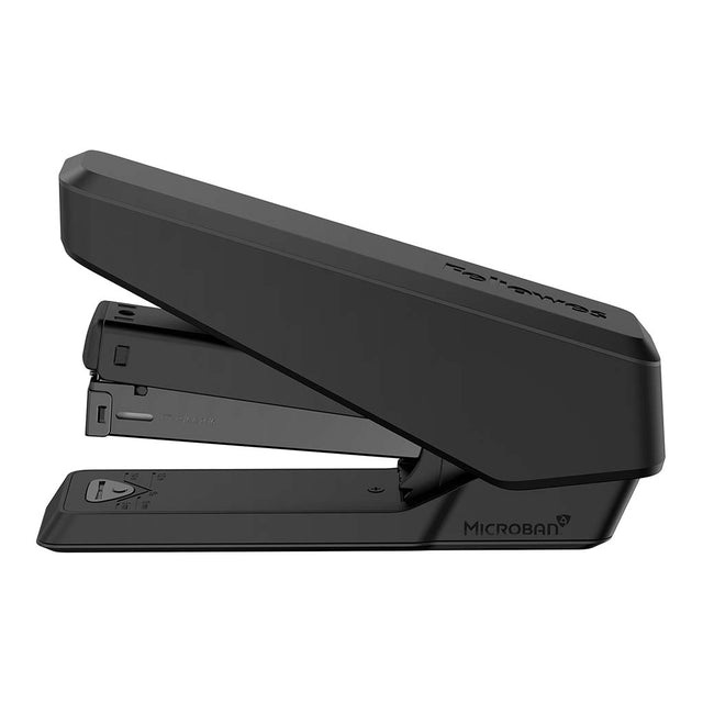 Fellowes LX850 black stapler with ergonomic design, staples 25 sheets, antibacterial, and includes detachable staple remover.