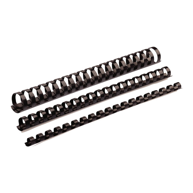 Fellowes 19mm black plastic binding coils, pack of 100, ideal for binding 121-150 page documents for a professional finish.