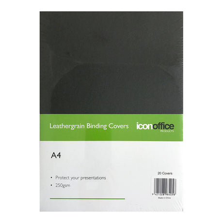 Pack of 20 A4 black binding covers, 250gsm heavyweight with a leather-like texture for stylish document protection.