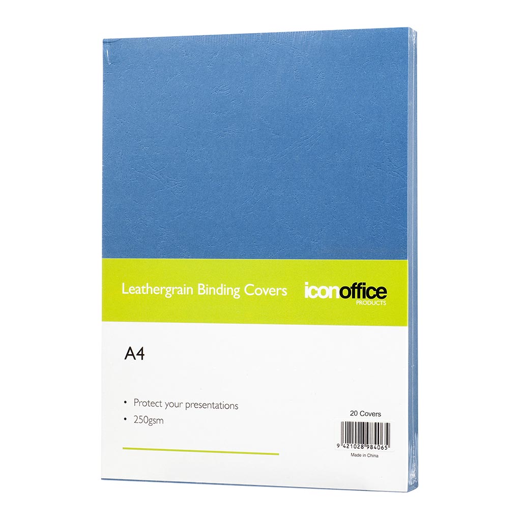 Pack of 20 blue A4 binding covers, 250gsm, with a leather-like texture for stylish and durable document presentation.