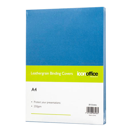 Pack of 20 blue A4 binding covers, 250gsm, with a leather-like texture for stylish and durable document presentation.