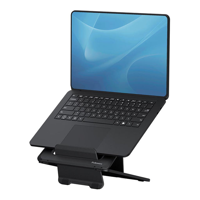 Fellowes Breyta Laptop Riser with 12 adjustable heights for ergonomic viewing and improved posture, eco-friendly and portable.