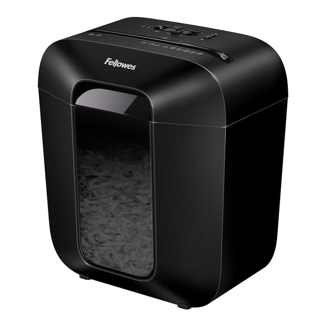 Fellowes Powershred LX10 Cross Cut Shredder shredding 6 sheets into secure particles with safety lock and 11.5L waste bin.