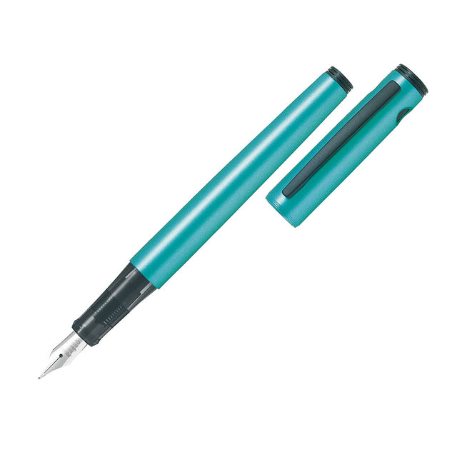 Elegant Pilot Explorer Fountain Pen in Metallic Emerald Blue with fine tip and stainless steel nib, ideal for everyday use.