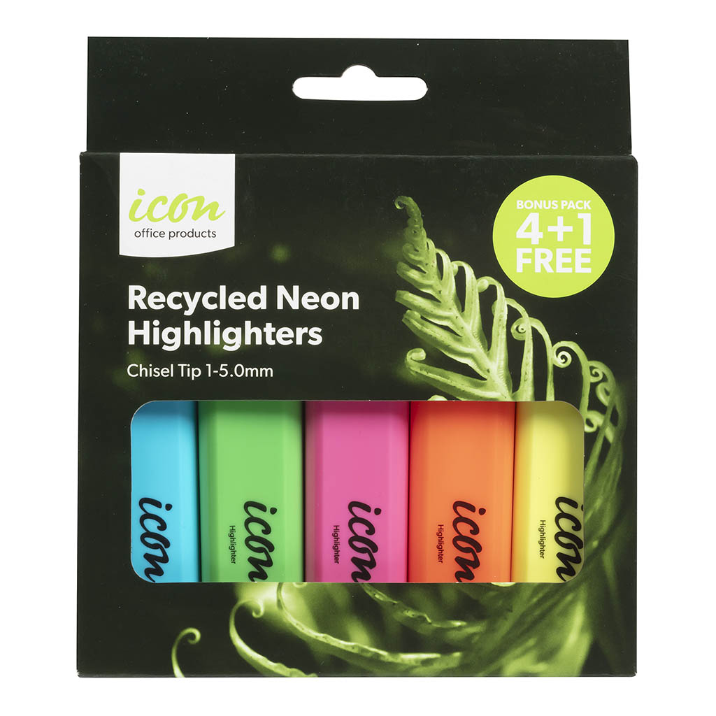 Eco-friendly neon chisel-tip highlighters in a 4+1 bonus pack, perfect for studying and organizing notes.