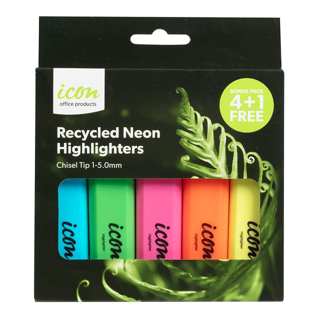 Eco-friendly neon chisel-tip highlighters in a 4+1 bonus pack, perfect for studying and organizing notes.