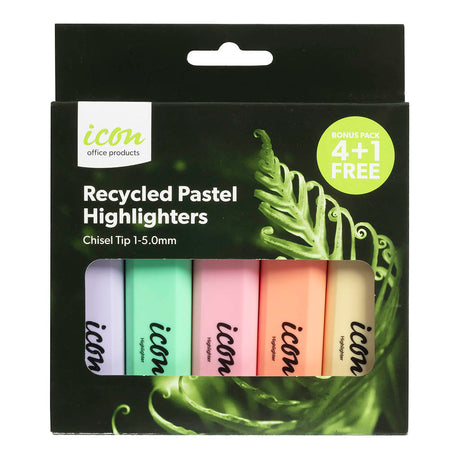 Icon Recycled Highlighter Pack with pastel colors, chisel tip for versatile highlighting, contains 4 plus 1 free.