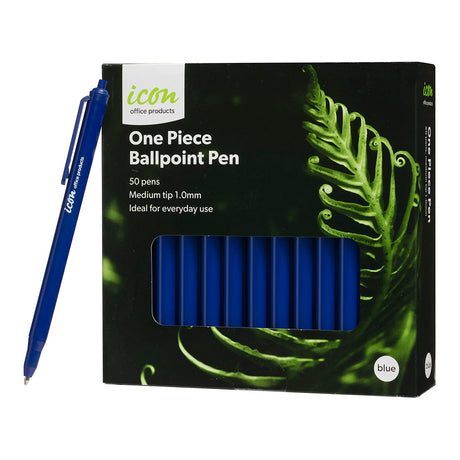 Pack of 50 Icon One Piece Blue Ballpoint Pens with waterproof ink and medium tip, safe for everyday use.