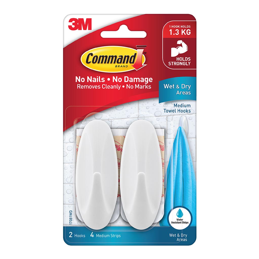 Command Wet Area Hook 17081WD Medium White, Pack of 2