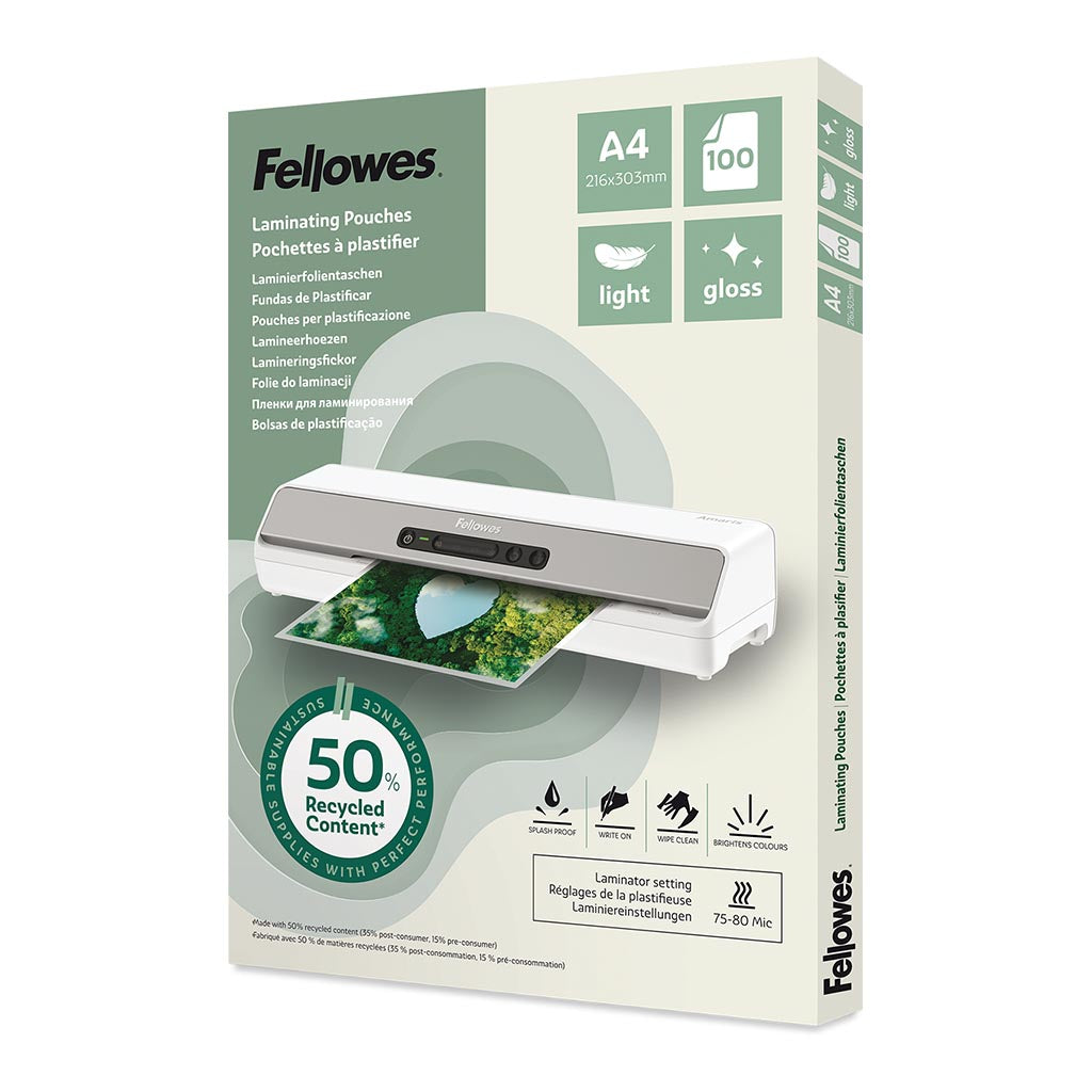 Fellowes Laminating Pouches Light Recycled Content A4 Gloss, Pack of 100