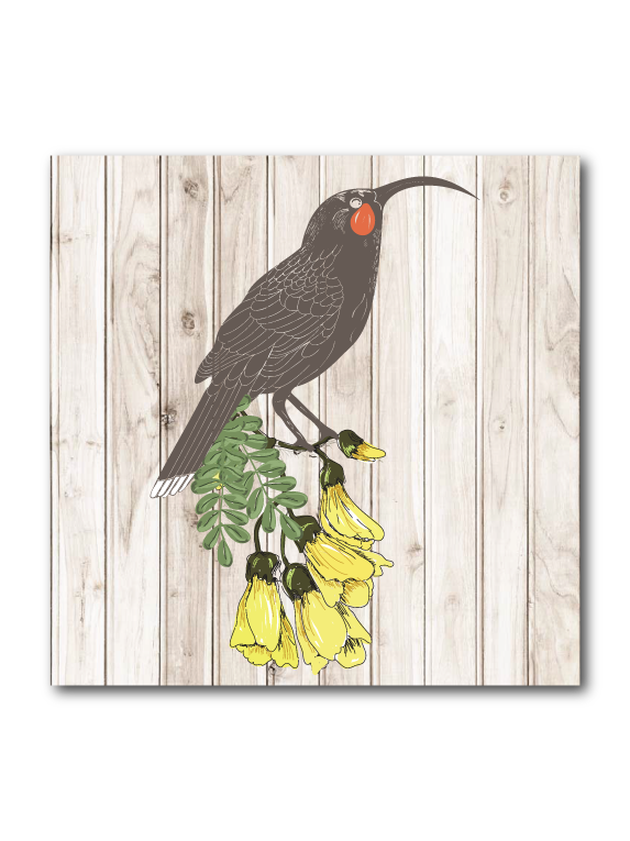 Light wood art block featuring Huia artwork, eco-friendly design, ready to hang with keyhole notch, 120mm x 120mm x 18mm.