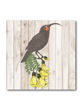 Light wood art block featuring Huia artwork, eco-friendly design, ready to hang with keyhole notch, 120mm x 120mm x 18mm.