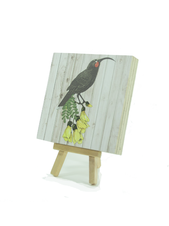 Light wood art block featuring elegant Huia design, eco-friendly pine ply, ready to hang with pre-drilled notch.