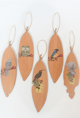 Wall Art - Printed Pohutukawa Leaf: Morepork (Rimu Veneer)