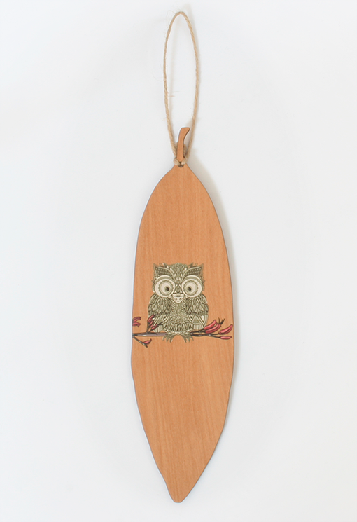 Wall Art - Printed Pohutukawa Leaf: Morepork (Rimu Veneer)