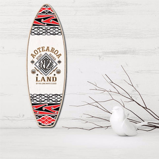 Kiwiana Ply Surfboard Art: Aotearoa, eco-friendly wood decor celebrating New Zealand's nature and culture, ready to hang.