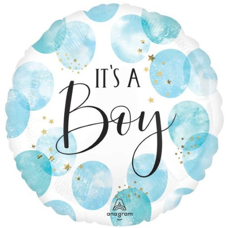 45cm Standard HX Baby Boy Watercolor Self-Sealing Foil Balloon in soft blue with adorable baby-themed designs.