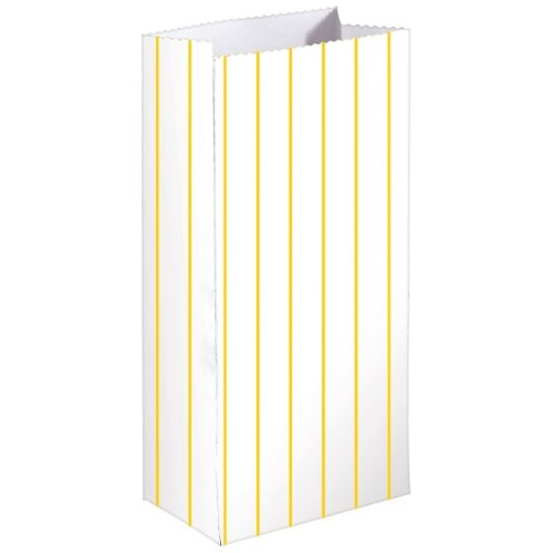 Pack of 8 sunshine yellow striped paper treat bags, eco-friendly and perfect for parties and celebrations.