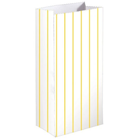 Pack of 8 sunshine yellow striped paper treat bags, eco-friendly and perfect for parties and celebrations.