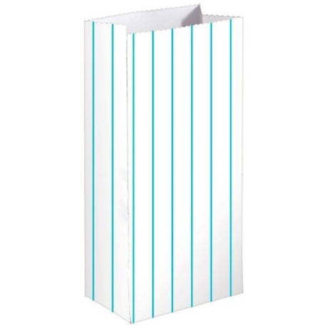 Pack of 8 Caribbean Blue Stripe Paper Treat Bags, eco-friendly and perfect for gifts or party favors.