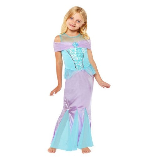 Vibrant mermaid costume for girls 3-4, featuring a shimmering sequin tail for imaginative underwater play.