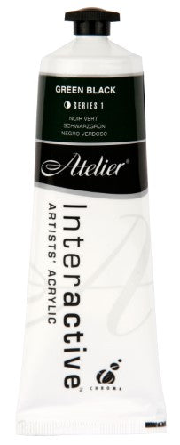 Atelier 80ml Green Black acrylic paint, versatile and richly pigmented, perfect for blending and mixed media projects.