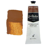 Atelier 80ml Raw Umber Yellowish Acrylic Paint tube, ideal for landscapes and mixed media with rich, warm tones.