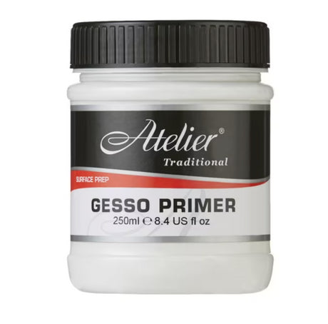 Atelier Gesso Primer 250ml: Non-toxic, quick-drying primer for acrylics, enhancing paint adhesion and blending on various surfaces.