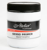 Atelier Gesso Primer 500ml for smooth, absorbent canvas preparation enhancing acrylic paint adhesion for vibrant artwork.