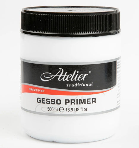 Atelier Gesso Primer 500ml for smooth, absorbent canvas preparation enhancing acrylic paint adhesion for vibrant artwork.