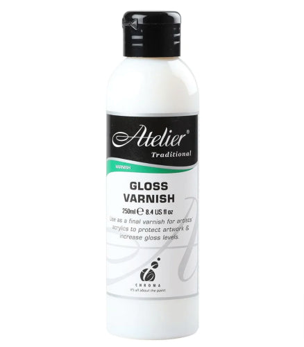 Atelier Gloss Varnish 250ml enhances acrylic art with a glossy finish, protecting against dust and UV damage.