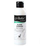 Atelier Gloss Varnish 250ml enhances acrylic art with a glossy finish, protecting against dust and UV damage.