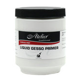 Atelier Liquid Gesso Primer 250ml for smooth, flexible, and opaque surface preparation for vibrant painting on various materials.