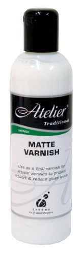 Atelier Matt Varnish 250ml bottle for acrylic art, offers a professional matte finish and UV protection for durable artwork.