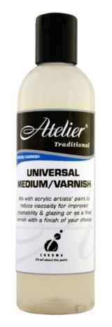 Atelier Universal Medium/Varnish 250ml for enhancing acrylic paintings with versatile sheen and faster drying times.