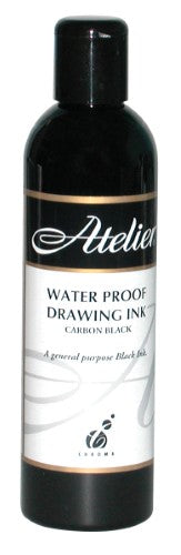 250ml bottle of Atelier Waterproof Drawing Ink featuring vibrant colors, quick-dry formula, perfect for versatile artistic techniques.