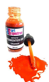 Vibrant 50ml orange pigmented ink in a glass bottle, ideal for artists seeking rich color and versatility in their creations.