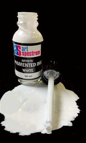 50ml bottle of white pigmented acrylic ink, ideal for artists, offering rich pigmentation and fast-drying, water-resistant qualities.