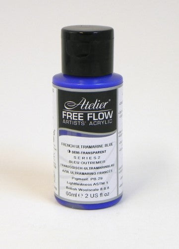 60ml bottle of French Ultramarine Blue acrylic paint, known for its fluidity and vivid pigment strength.