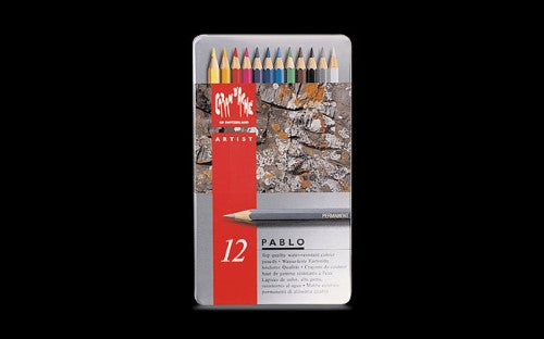 Caran d'Ache Pablo Set of 12 artist pencils featuring vibrant colors, excellent lightfastness, and smooth, velvety texture.