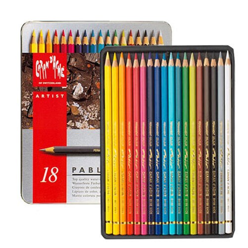 Caran d'Ache Pablo Set of 18 artist pencils featuring vibrant colors, high lightfastness, and smooth application for professional use.