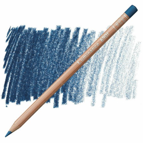 Pack of 3 Caran D’ache Luminance Ice Blue pencils with creamy leads, vibrant color, and eco-friendly cedar wood casing.