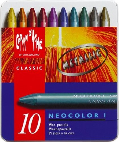 Pack of 10 Caran D’Ache Neocolor 1 metallic wax oil crayons in vibrant colors for artists and crafters.