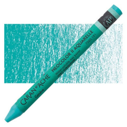 Pack of 10 Caran D’ache Neocolor II Turquoise Green crayons, ideal for versatile wet and dry art techniques.